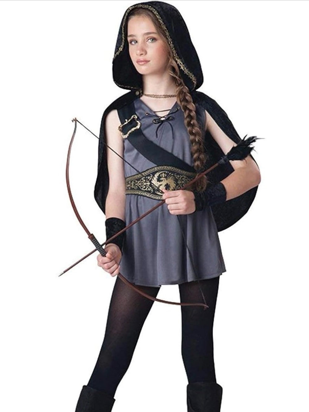 🏹 Youth Hooded Archer/ Huntress Costume with wood bow, quiver & arrows